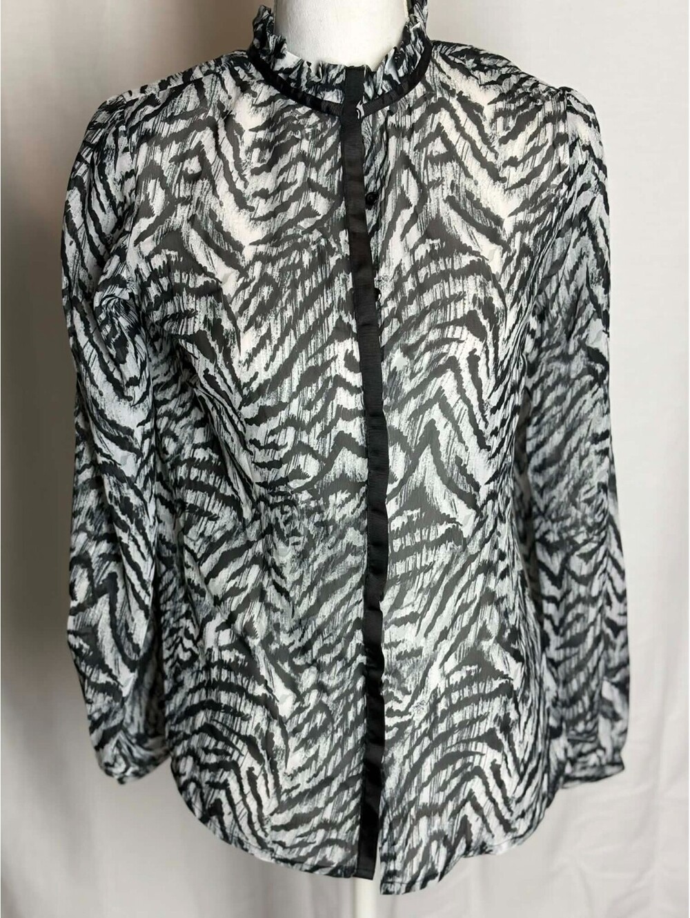 Kim Kardashian Ruffle Neck Zebra White Tiger Semi-Sheer Blouse Women's Med NWT